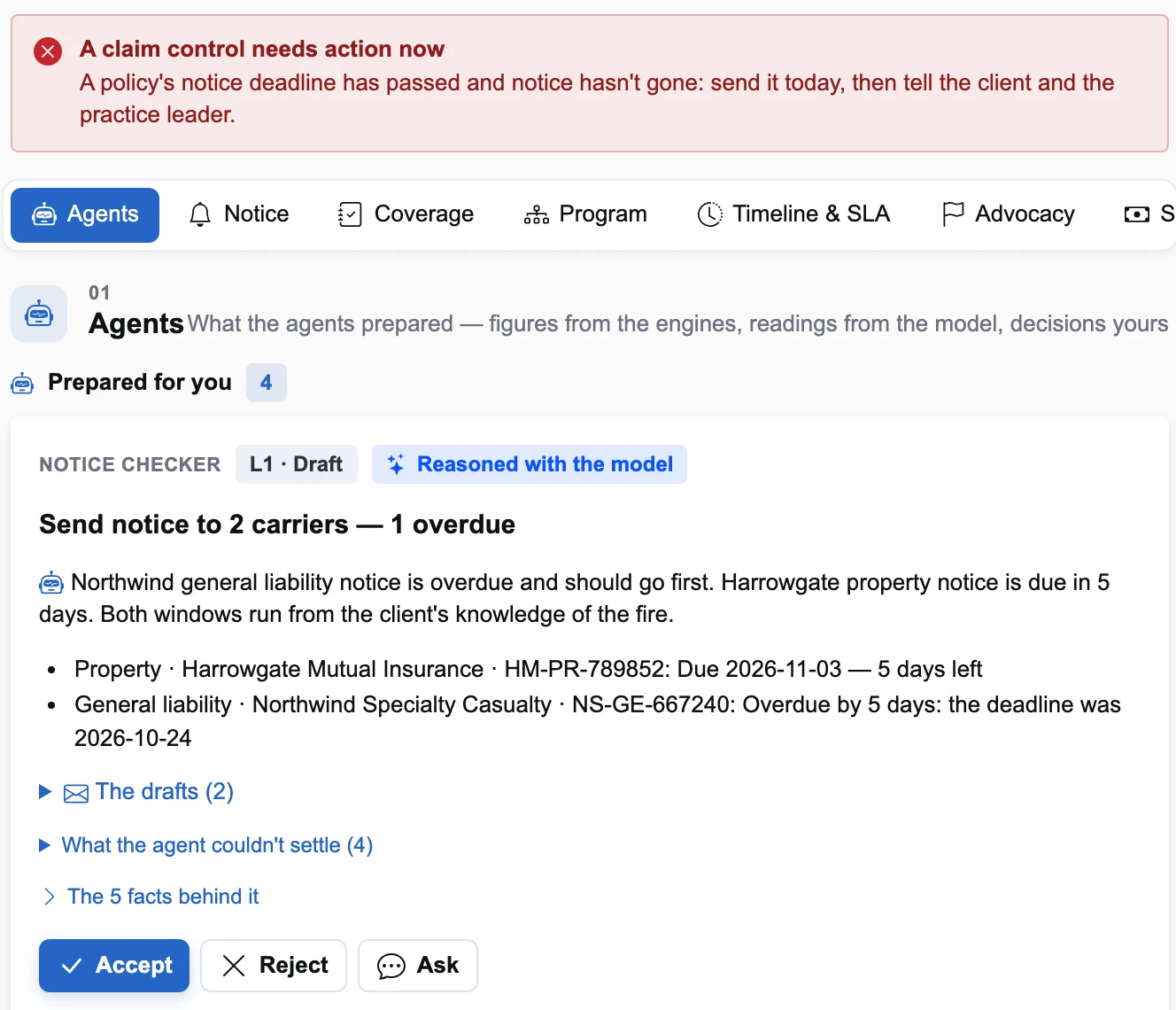 A claim control blocking because a notice deadline passed unsent, above the notice checker's prepared notices