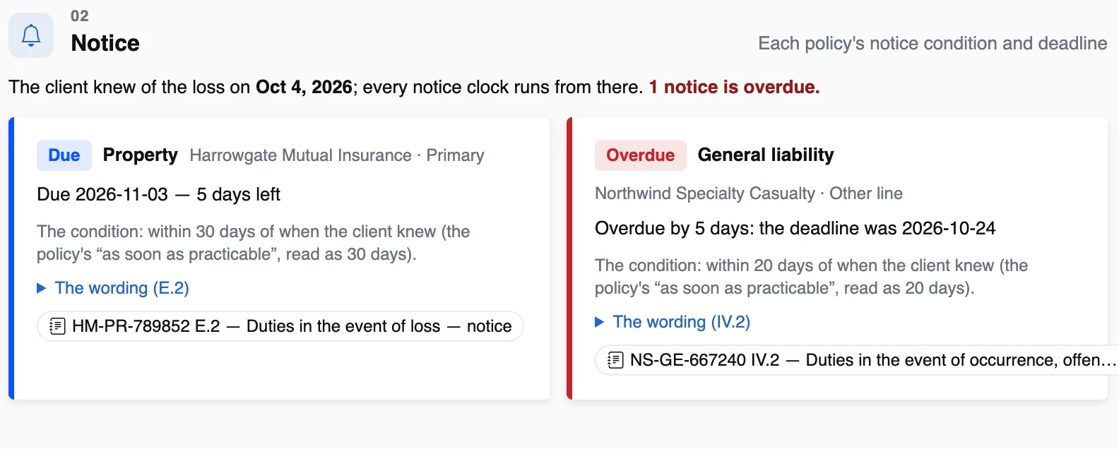Per-policy notice cards: property due in five days, general liability overdue by five