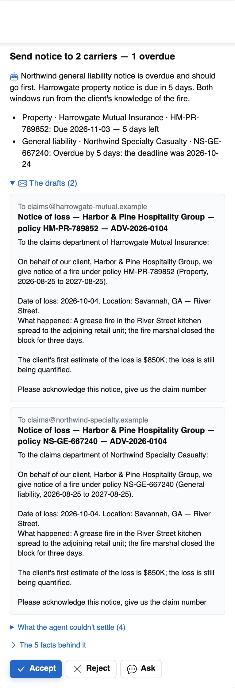 The notice checker's card with both notice drafts open