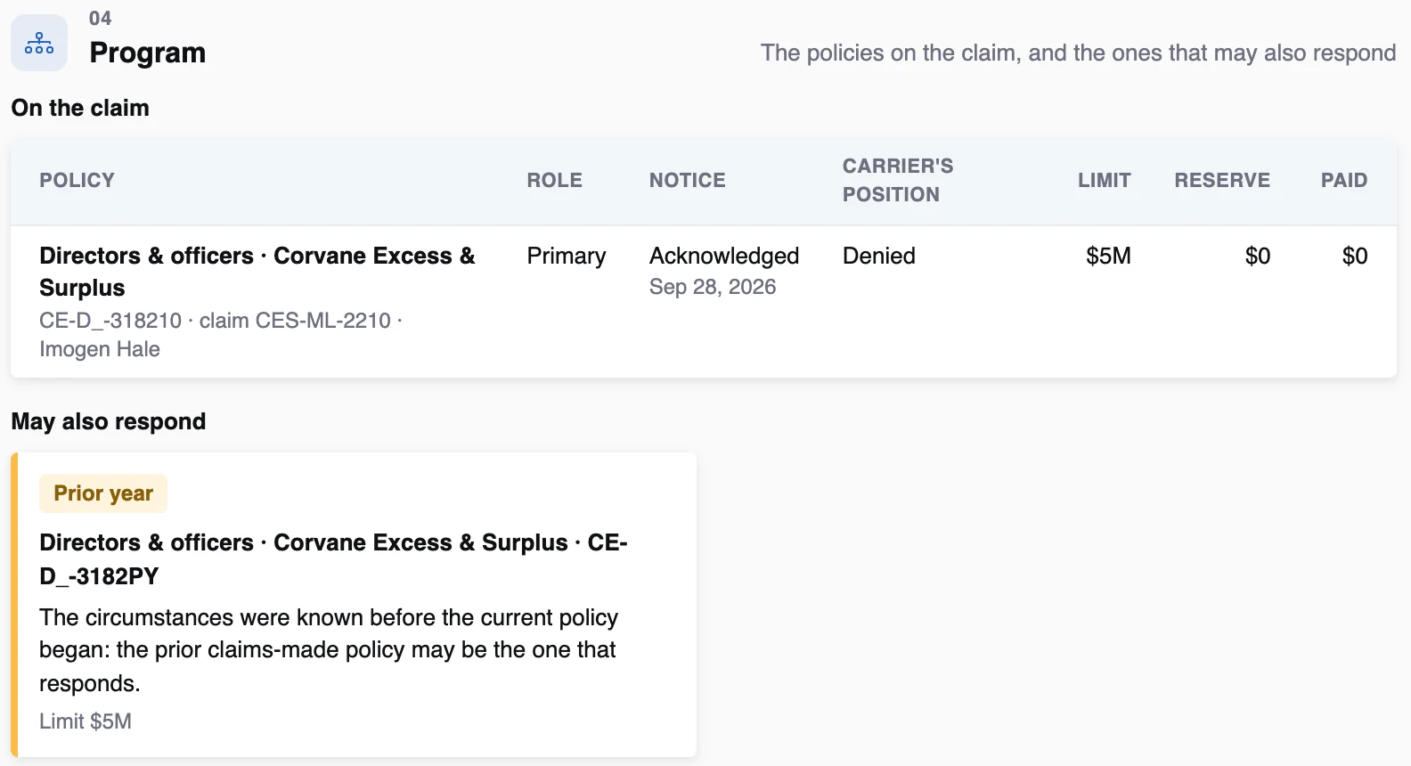 The prior claims-made year listed as a policy that may respond